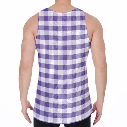 Purple And White Gingham Pattern Print Men's Velvet Tank Top