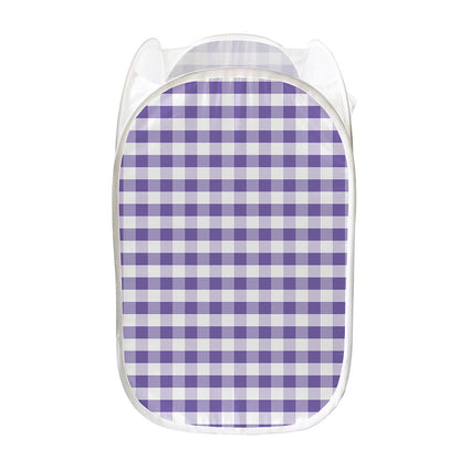 Purple And White Gingham Pattern Print Mesh Laundry Hamper