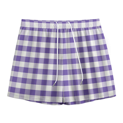 Purple And White Gingham Pattern Print Mesh Shorts