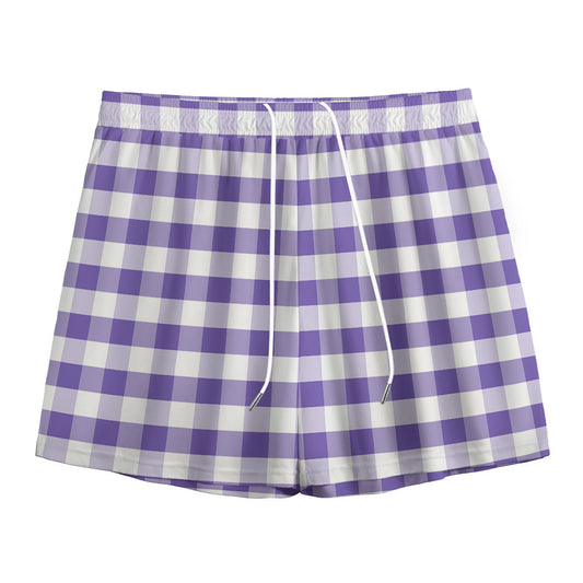 Purple And White Gingham Pattern Print Mesh Shorts