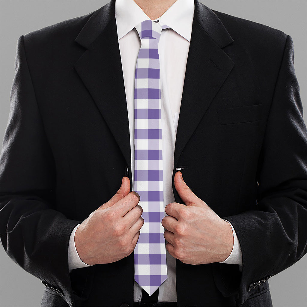 Purple And White Gingham Pattern Print Necktie