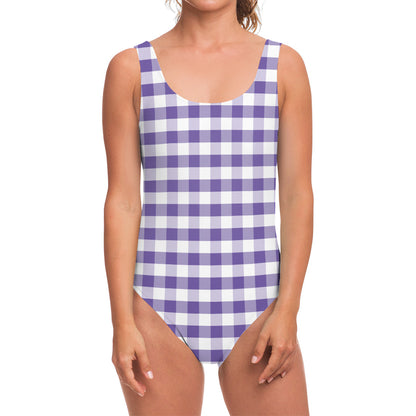 Purple And White Gingham Pattern Print One Piece Swimsuit