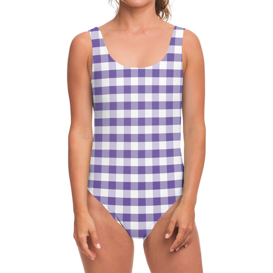 Purple And White Gingham Pattern Print One Piece Swimsuit