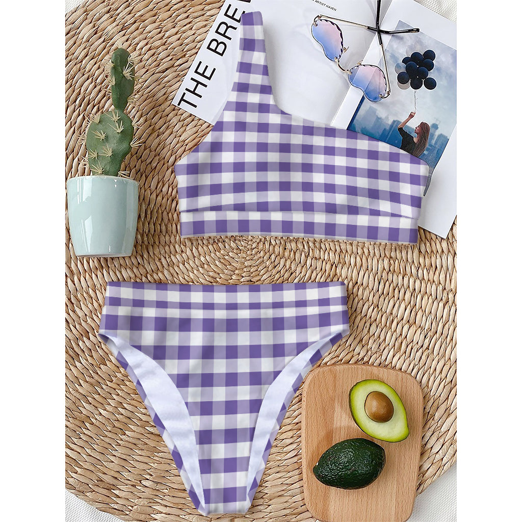 Purple And White Gingham Pattern Print One Shoulder Bikini Top