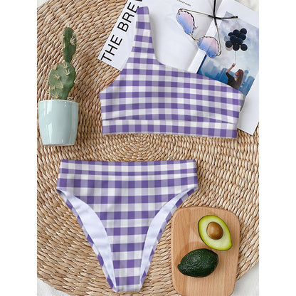 Purple And White Gingham Pattern Print One Shoulder Bikini Top