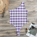 Purple And White Gingham Pattern Print One Shoulder Bodysuit