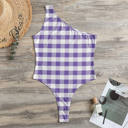 Purple And White Gingham Pattern Print One Shoulder Bodysuit
