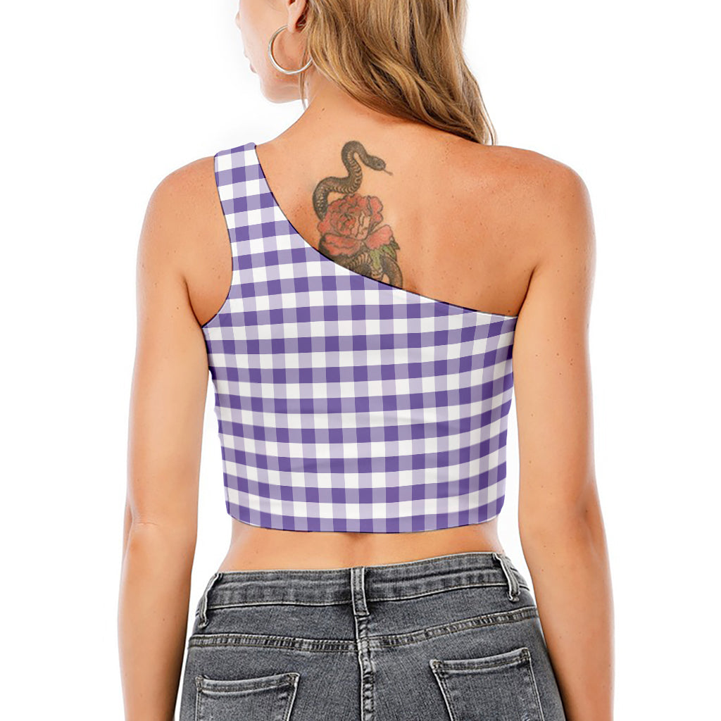 Purple And White Gingham Pattern Print One Shoulder Crop Top