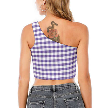 Purple And White Gingham Pattern Print One Shoulder Crop Top