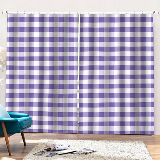 Purple And White Gingham Pattern Print Pencil Pleat Curtains
