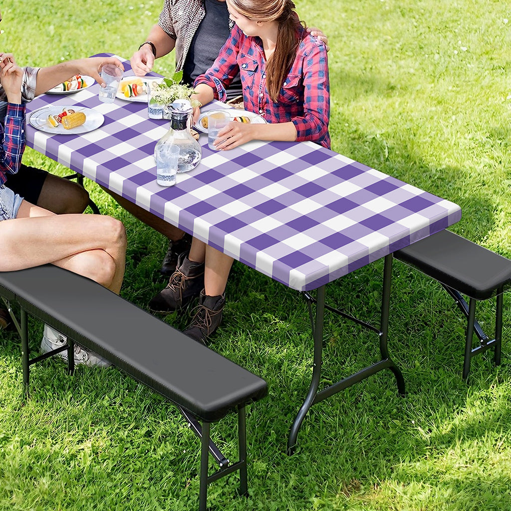 Purple And White Gingham Pattern Print Picnic Table Cover