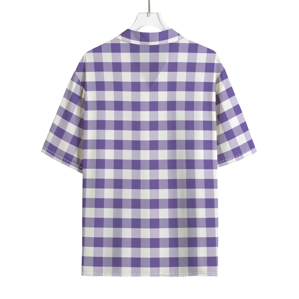 Purple And White Gingham Pattern Print Rayon Hawaiian Shirt