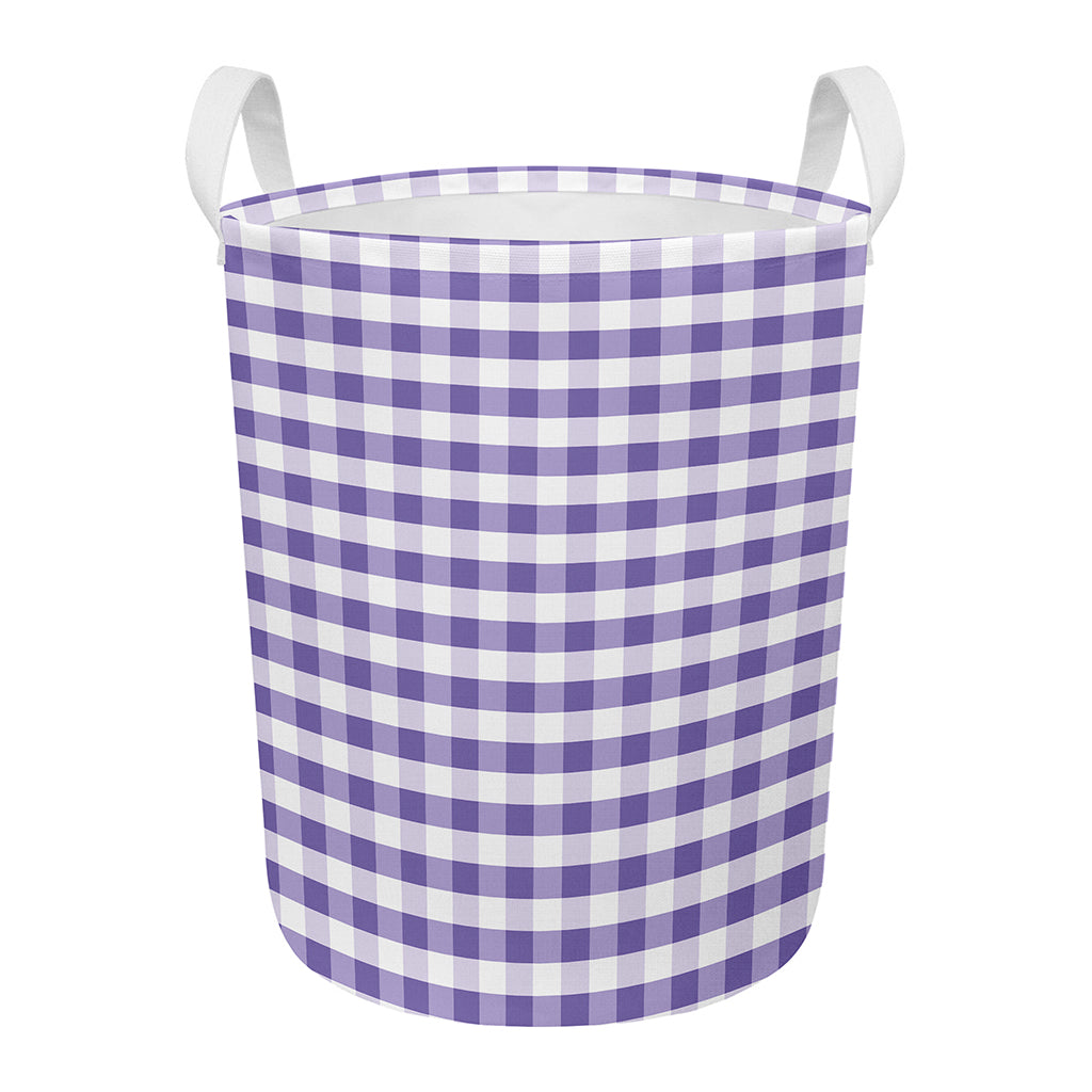Purple And White Gingham Pattern Print Round Laundry Basket