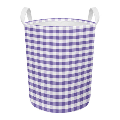 Purple And White Gingham Pattern Print Round Laundry Basket