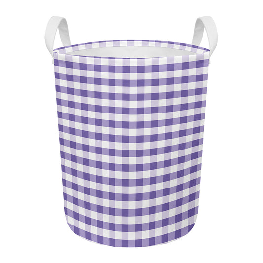 Purple And White Gingham Pattern Print Round Laundry Basket