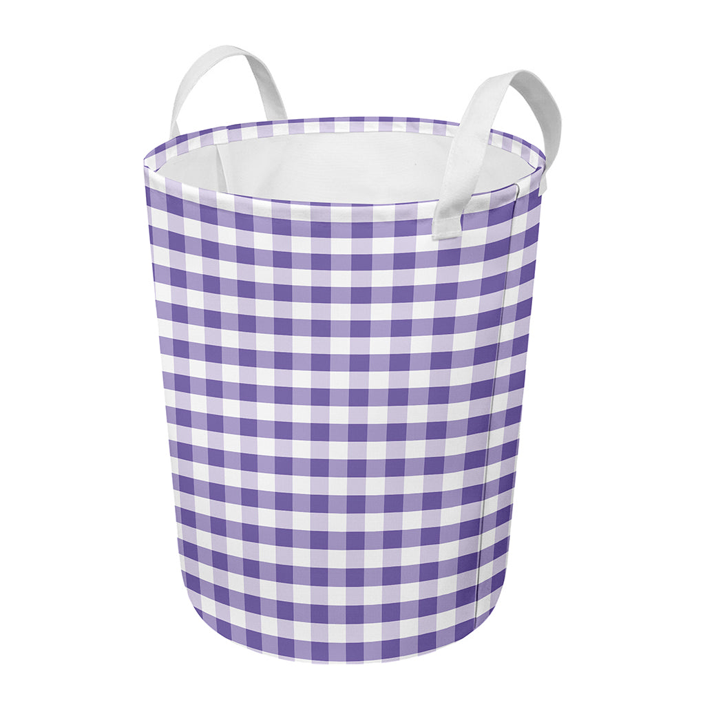 Purple And White Gingham Pattern Print Round Laundry Basket