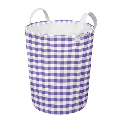 Purple And White Gingham Pattern Print Round Laundry Basket