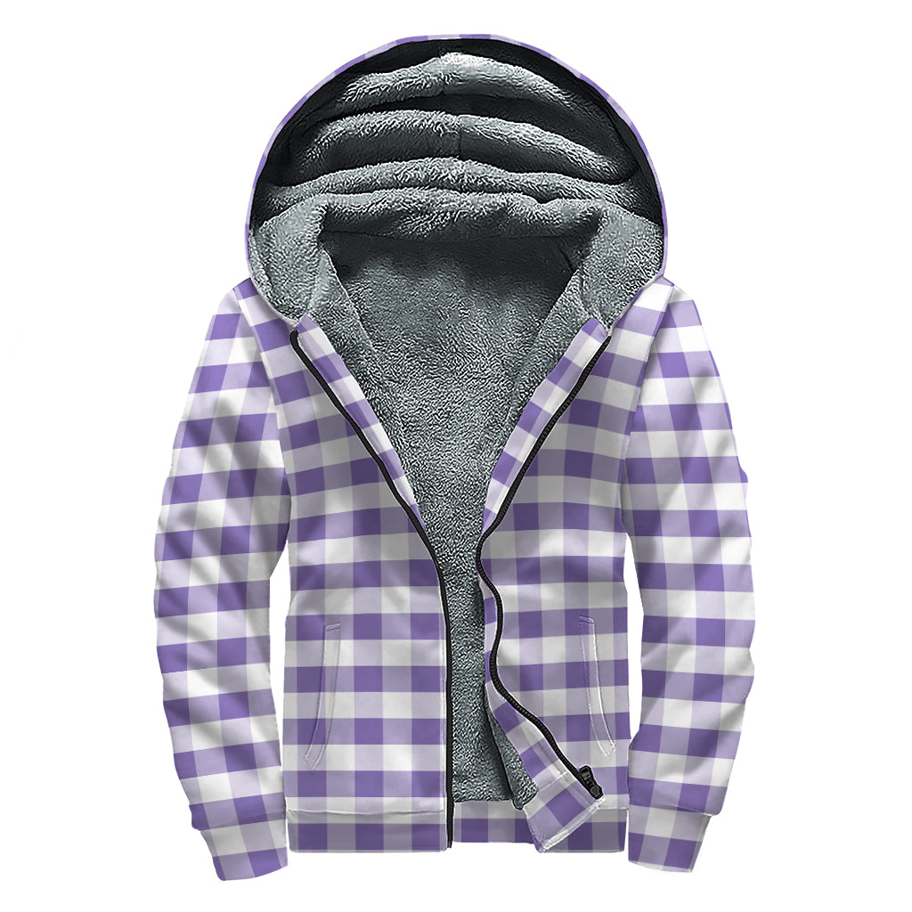 Purple And White Gingham Pattern Print Sherpa Lined Zip Up Hoodie