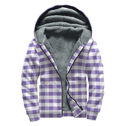 Purple And White Gingham Pattern Print Sherpa Lined Zip Up Hoodie