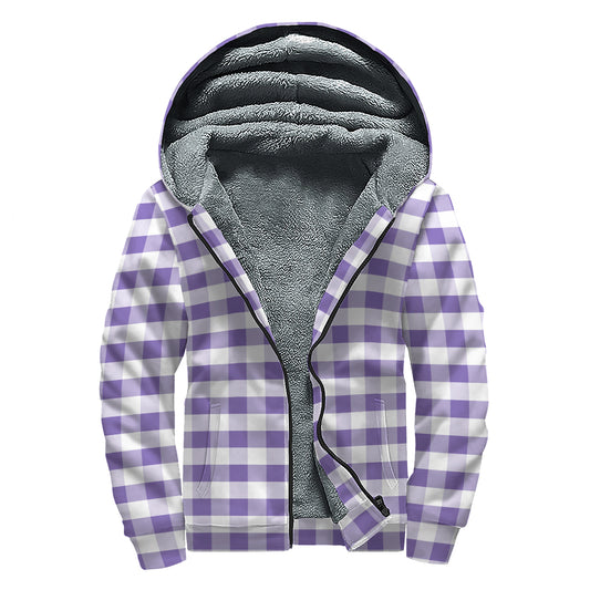 Purple And White Gingham Pattern Print Sherpa Lined Zip Up Hoodie