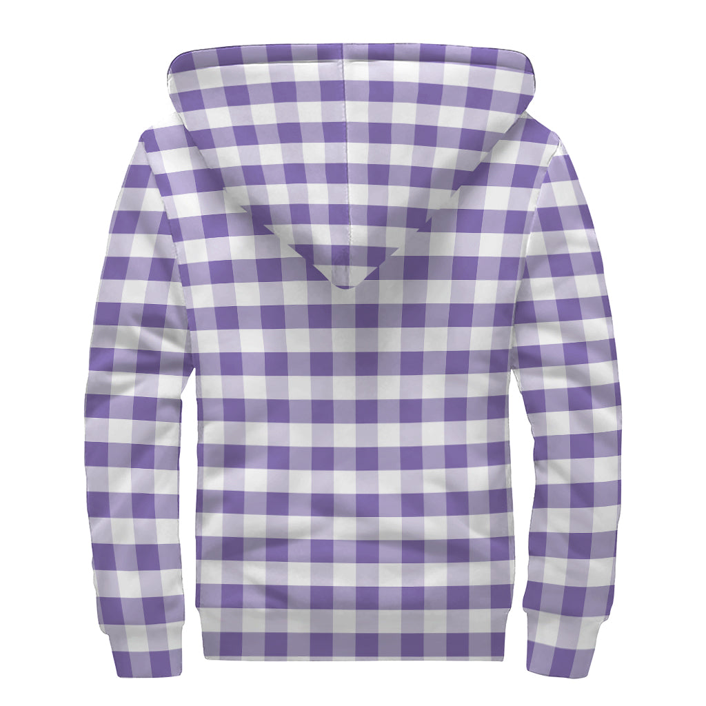 Purple And White Gingham Pattern Print Sherpa Lined Zip Up Hoodie