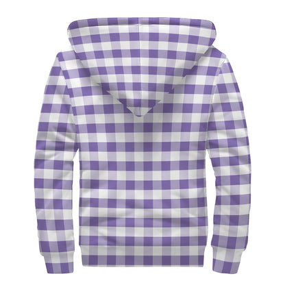 Purple And White Gingham Pattern Print Sherpa Lined Zip Up Hoodie