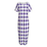 Purple And White Gingham Pattern Print Short Sleeve Long Nightdress