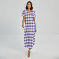 Purple And White Gingham Pattern Print Short Sleeve Maxi Dress
