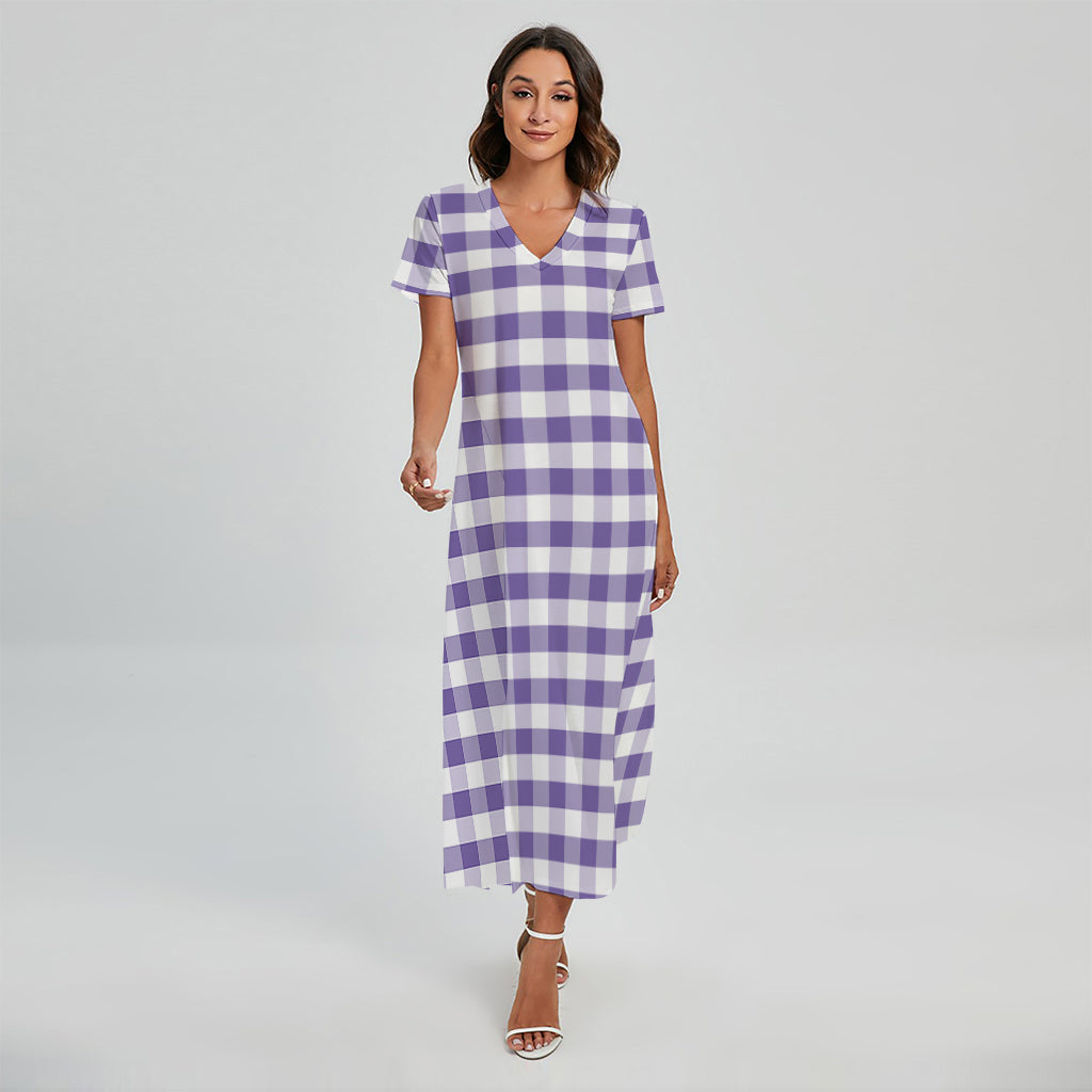 Purple And White Gingham Pattern Print Short Sleeve Maxi Dress