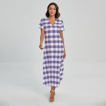 Purple And White Gingham Pattern Print Short Sleeve Maxi Dress