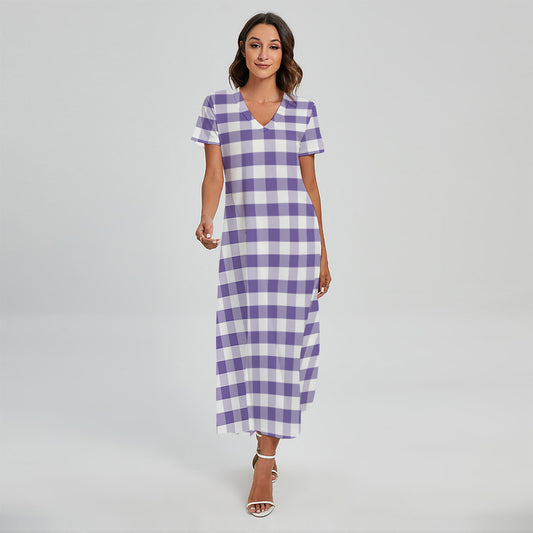 Purple And White Gingham Pattern Print Short Sleeve Maxi Dress