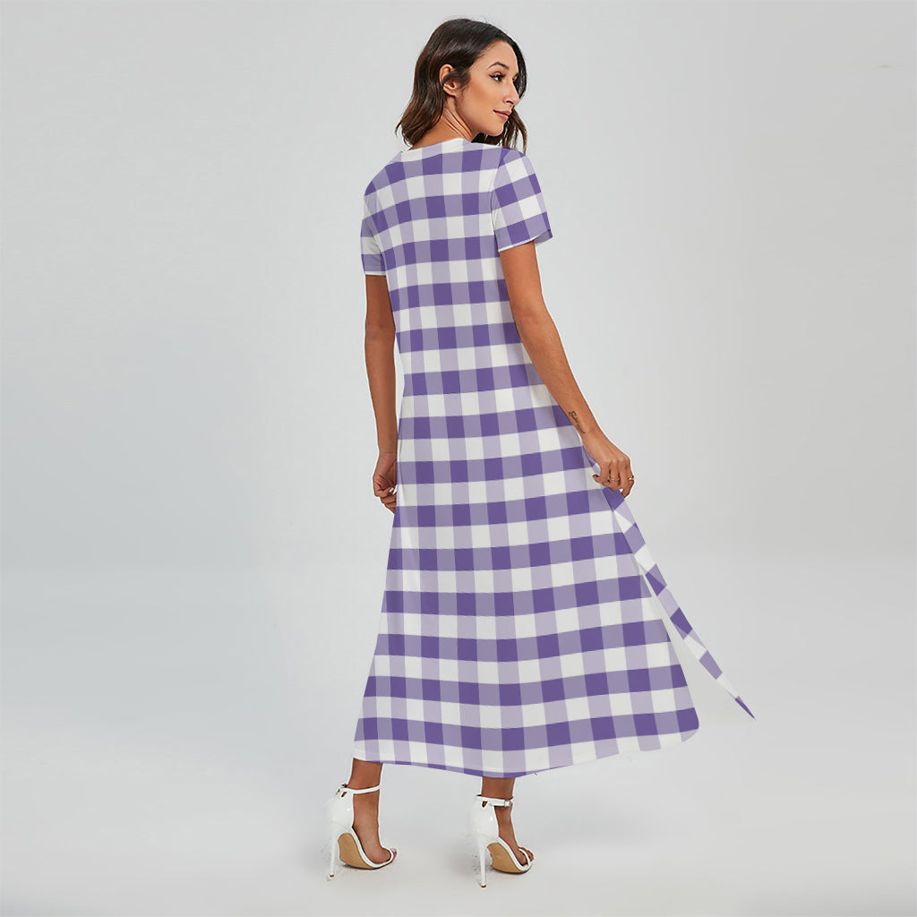 Purple And White Gingham Pattern Print Short Sleeve Maxi Dress