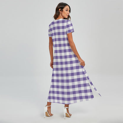 Purple And White Gingham Pattern Print Short Sleeve Maxi Dress