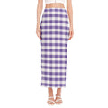Purple And White Gingham Pattern Print Side Slit Maxi Skirt