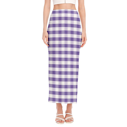 Purple And White Gingham Pattern Print Side Slit Maxi Skirt