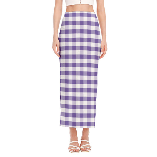 Purple And White Gingham Pattern Print Side Slit Maxi Skirt