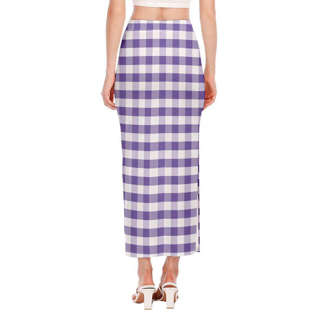 Purple And White Gingham Pattern Print Side Slit Maxi Skirt