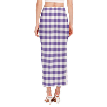 Purple And White Gingham Pattern Print Side Slit Maxi Skirt