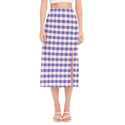 Purple And White Gingham Pattern Print Side Slit Midi Skirt