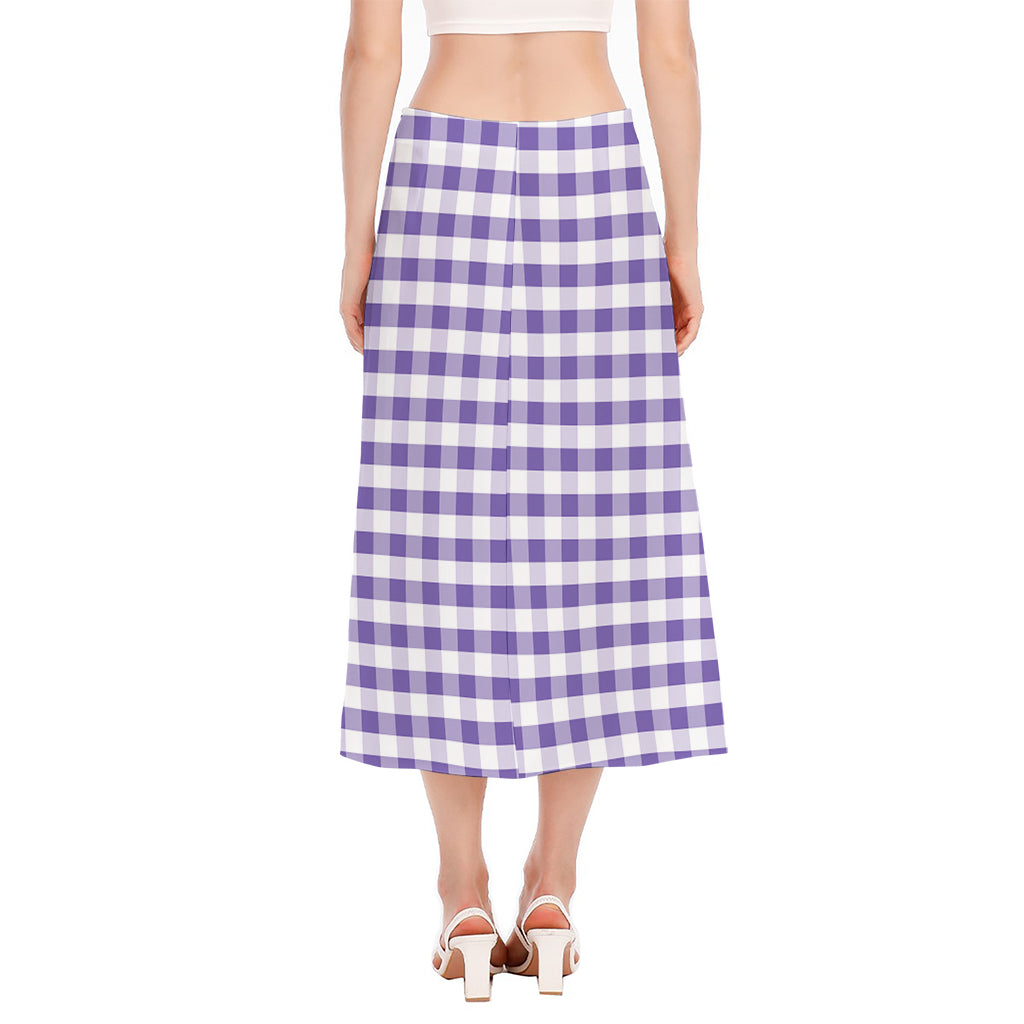 Purple And White Gingham Pattern Print Side Slit Midi Skirt