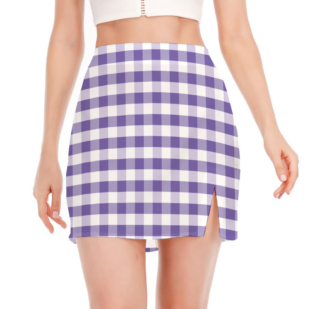 Purple And White Gingham Pattern Print Side Slit Mini Skirt