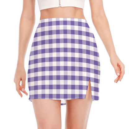 Purple And White Gingham Pattern Print Side Slit Mini Skirt