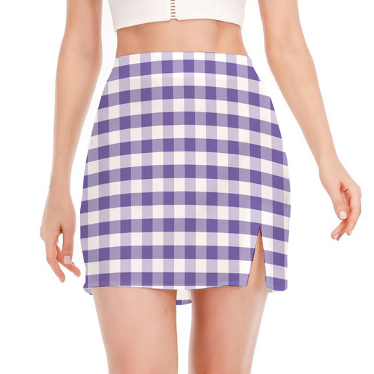 Purple And White Gingham Pattern Print Side Slit Mini Skirt