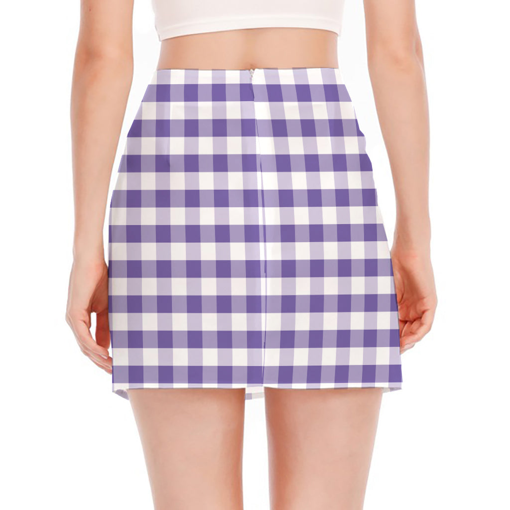 Purple And White Gingham Pattern Print Side Slit Mini Skirt