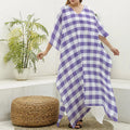 Purple And White Gingham Pattern Print Silk V-Neck Kaftan Dress