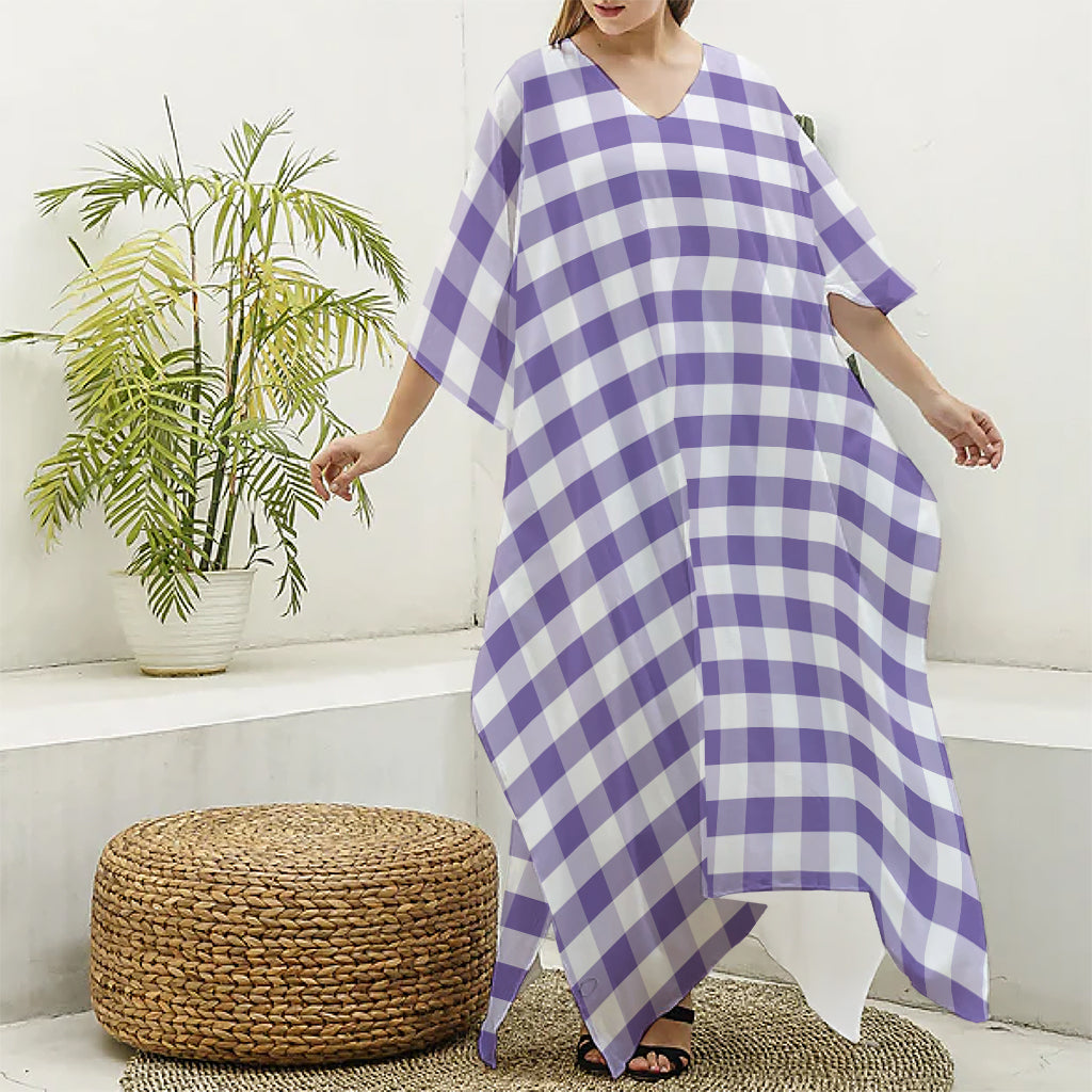 Purple And White Gingham Pattern Print Silk V-Neck Kaftan Dress