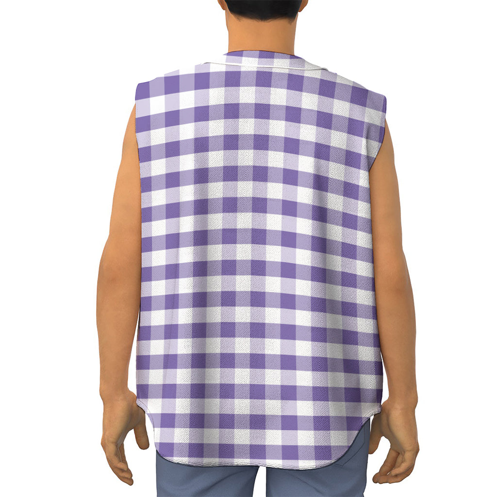 Purple And White Gingham Pattern Print Sleeveless Baseball Jersey