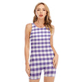 Purple And White Gingham Pattern Print Sleeveless One Piece Swimsuit