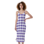 Purple And White Gingham Pattern Print Slim Fit Midi Cami Dress
