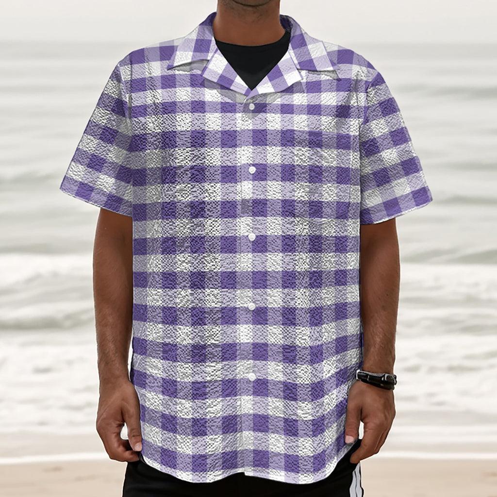 Purple And White Gingham Pattern Print Textured Short Sleeve Shirt